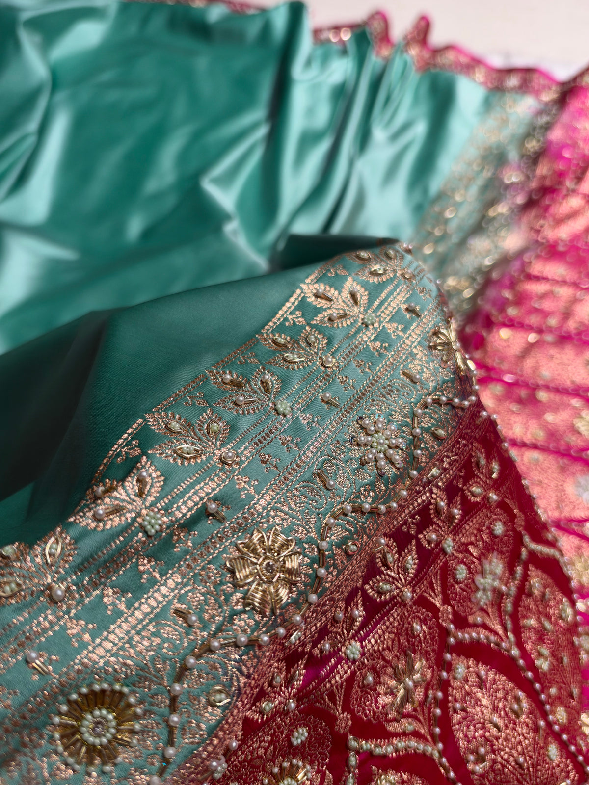SeaGreen and Rani Contrast Banarasi Satin Katan Saree With Aari Zardozi Work Boota in Cross Green Shades BSK131