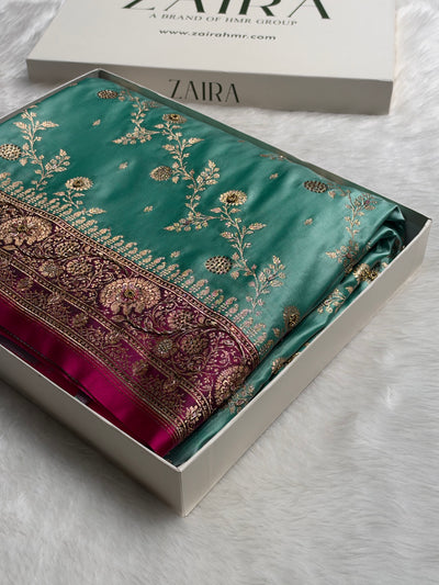 Seagreen and Rani Contrast Banarasi Satin Katan Saree With Aari Zardozi Work Boota in Cross Pista Green Shades BSK157