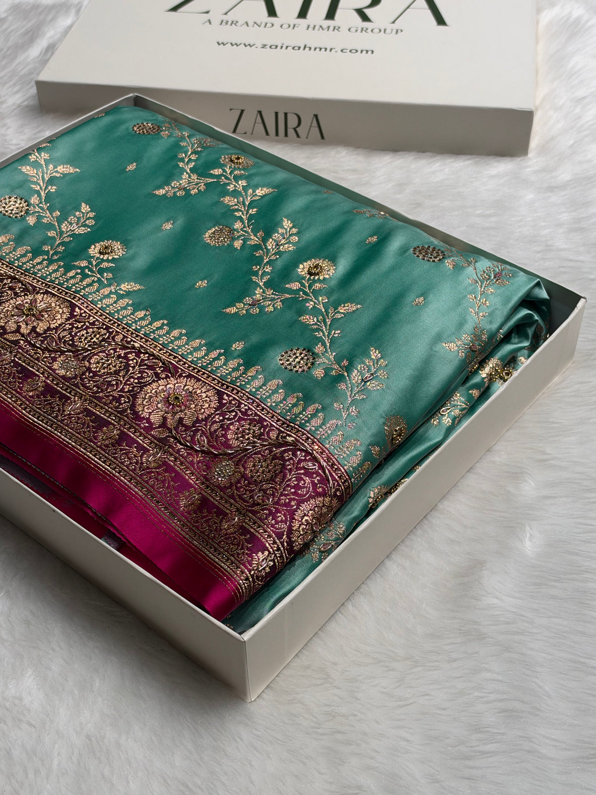 Seagreen and Rani Contrast Banarasi Satin Katan Saree With Aari Zardozi Work Boota in Cross Pista Green Shades BSK157