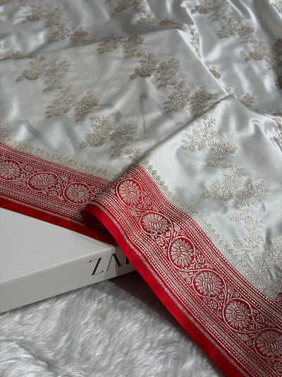 Contrast White / RedBanarasi Cross Mashru Silk Saree MCS01
