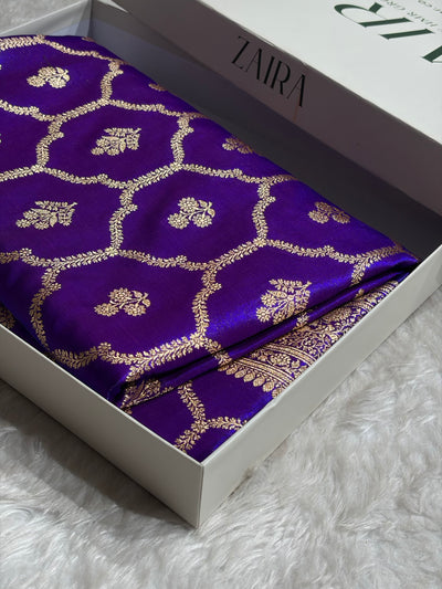 Purple Shades Jaal Pattern Banarasi Satin Silk Saree SS57
