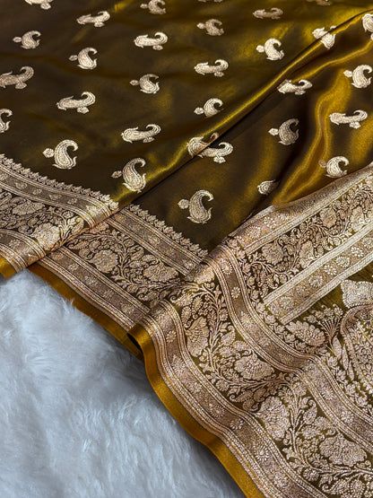 Satin Silk Saree Floral Boota in Mehendi Shades SS27