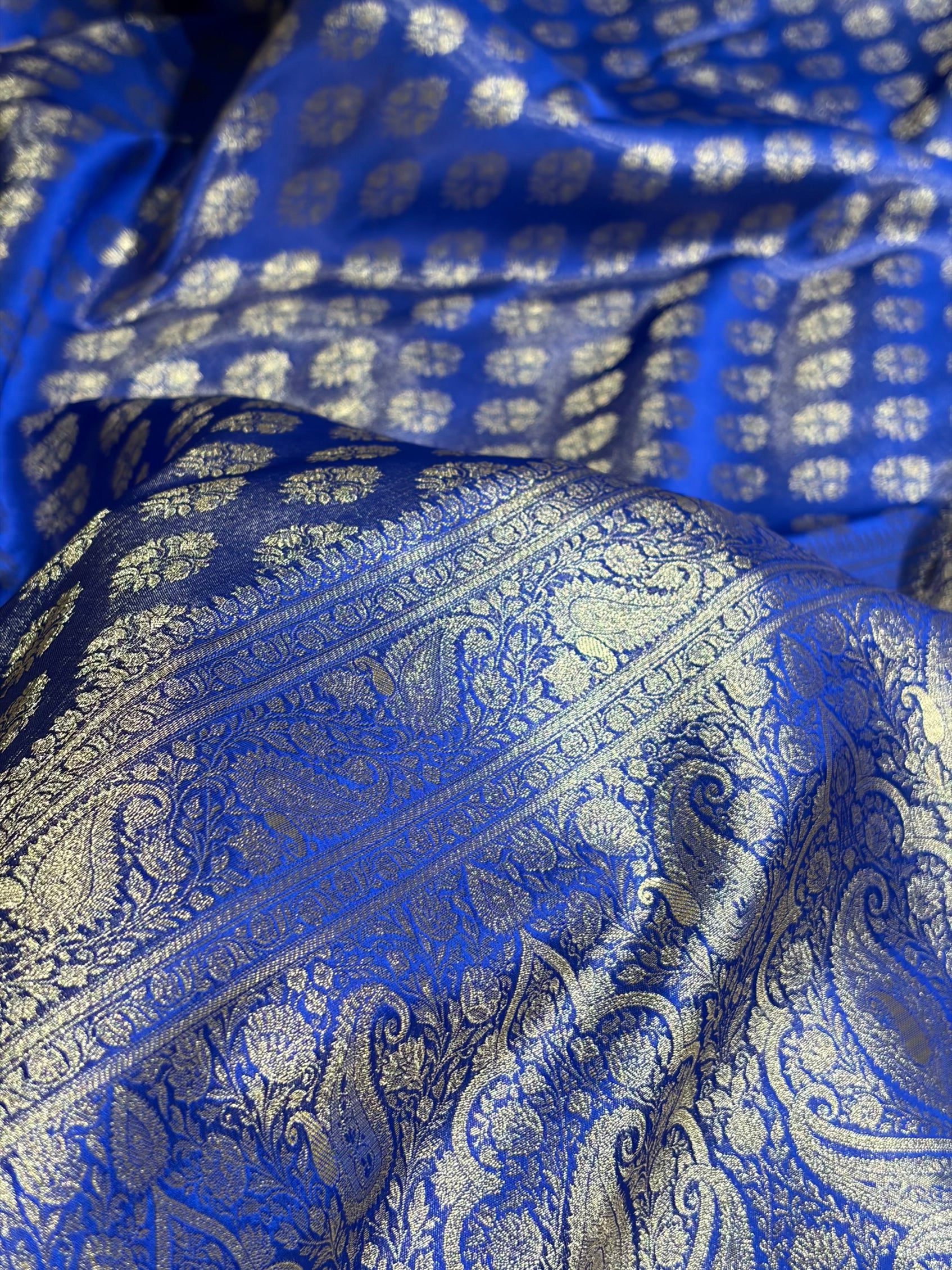 Banarasi Cross Royal Blue Shades Satin Tissue Silk Saree In Booti motif ST01