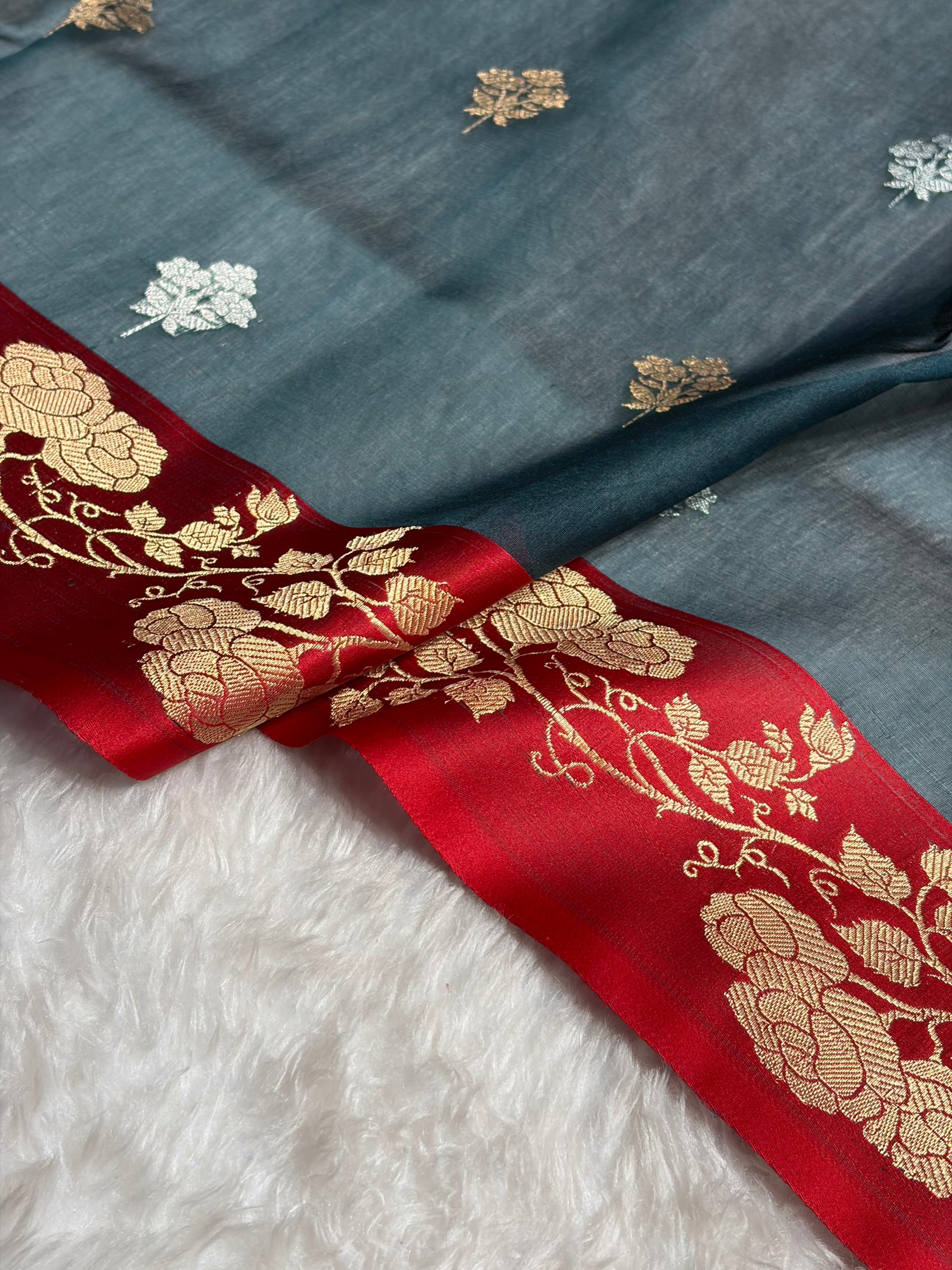 Contrast Pure Banarasi Organza Dark Rama With Maroon Floral Banarasi Silk Saree PO-13