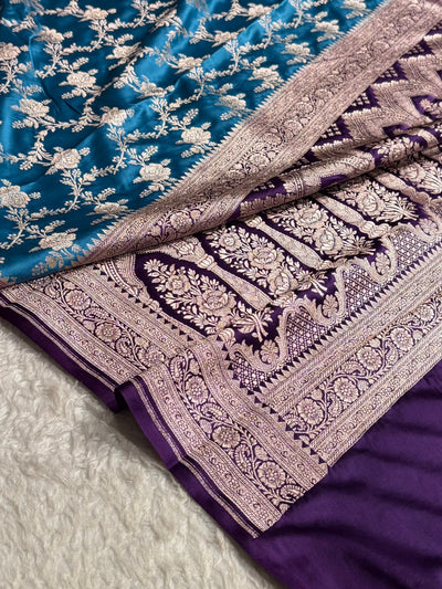 Contrast Firozi With Purple Floral Jaal Mashru Silk Saree MCS28