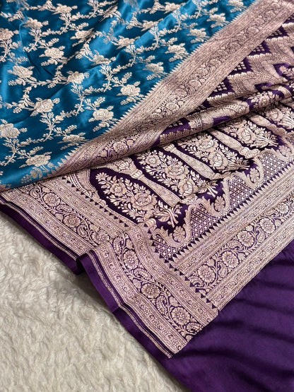 Contrast Firozi With Purple Floral Jaal Mashru Silk Saree MS28