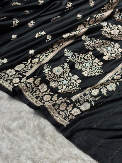 Banarasi Black Boota With Floral Border Mashru Silk Saree MSM-88