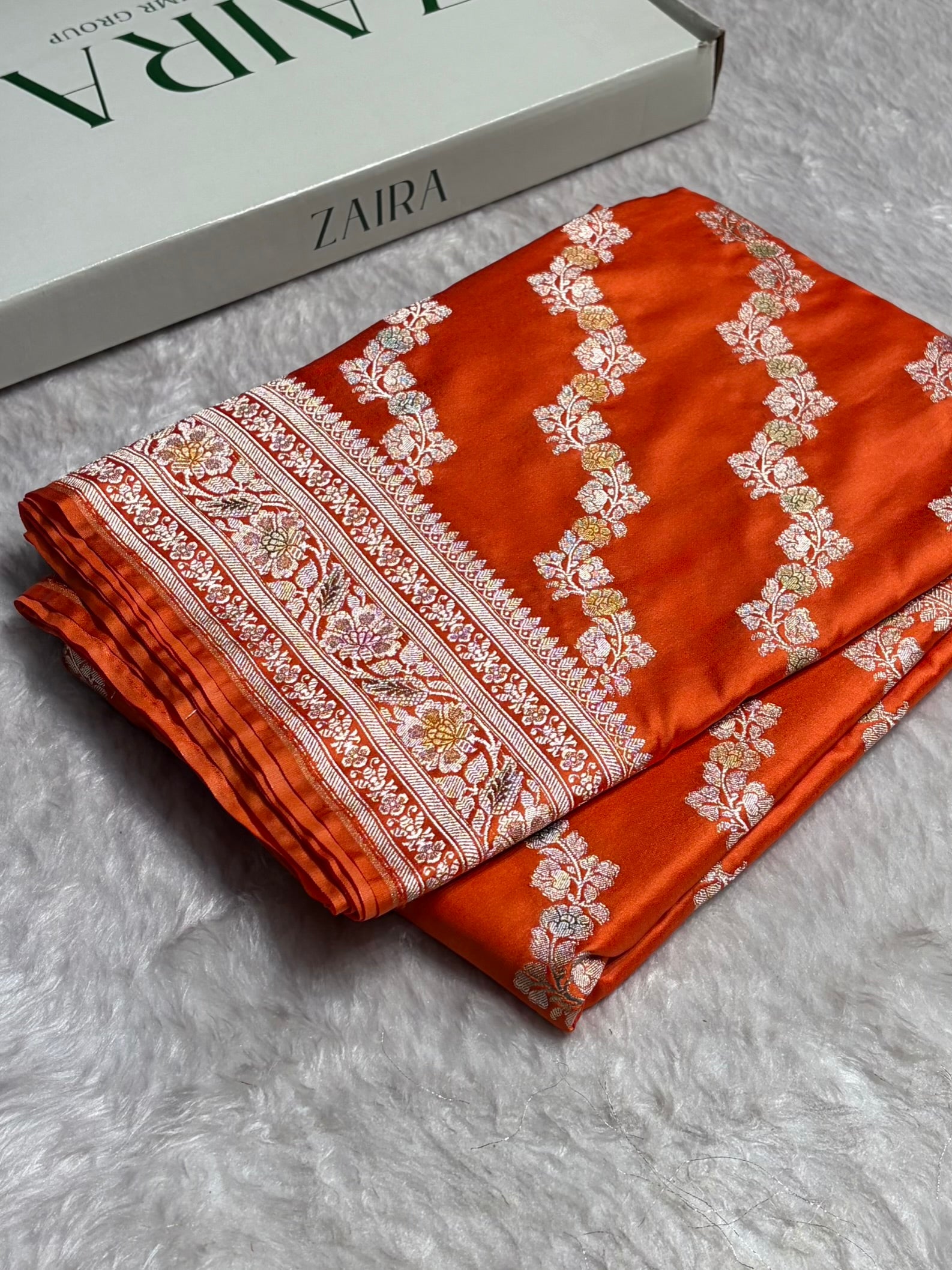 Orange Shades Banarasi Minakari Mashru Silk Saree With Cross Pattern MS02