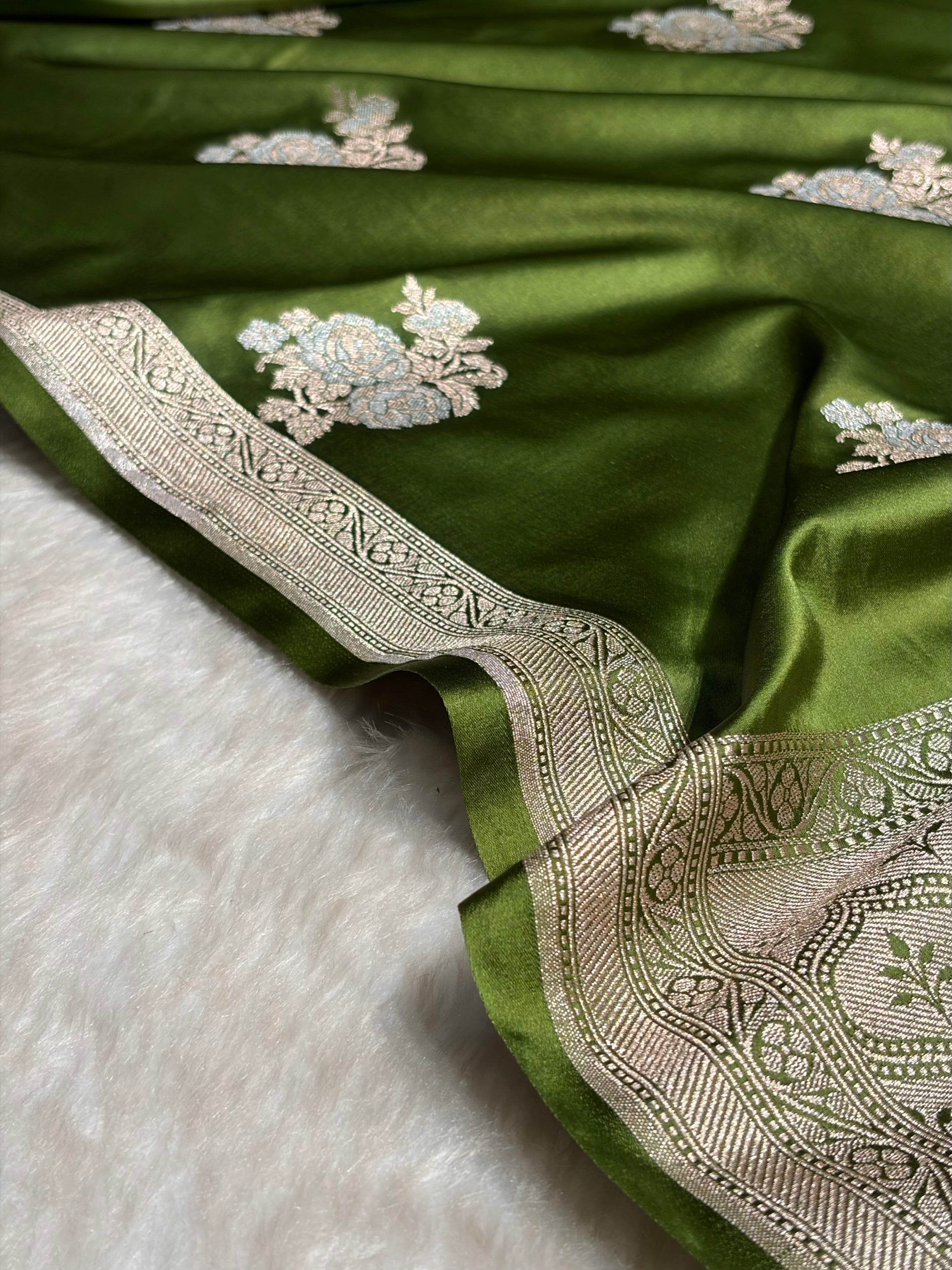 Mehendi Green Sona Rupa Floral Motif Mashru Silk Saree MS50