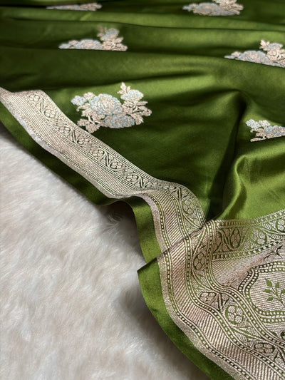 Mehendi Green Sona Rupa Floral Motif Mashru Silk Saree MCS50