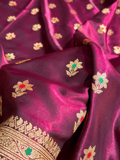 Wine Shades Minakari Boota Pattern Banarasi Satin Silk Saree SS44