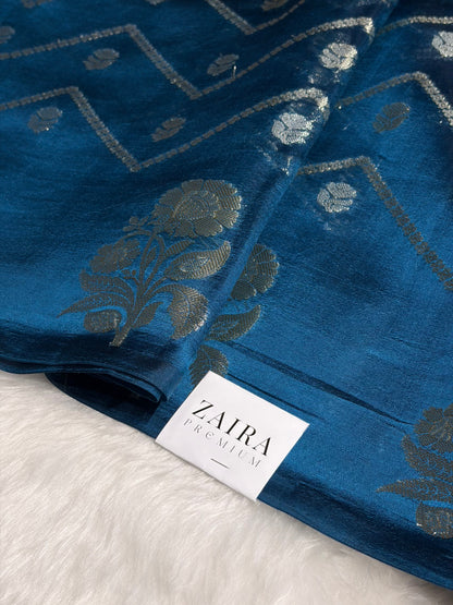 German Blue Meena Boota Caramel Silk Saree CS-03