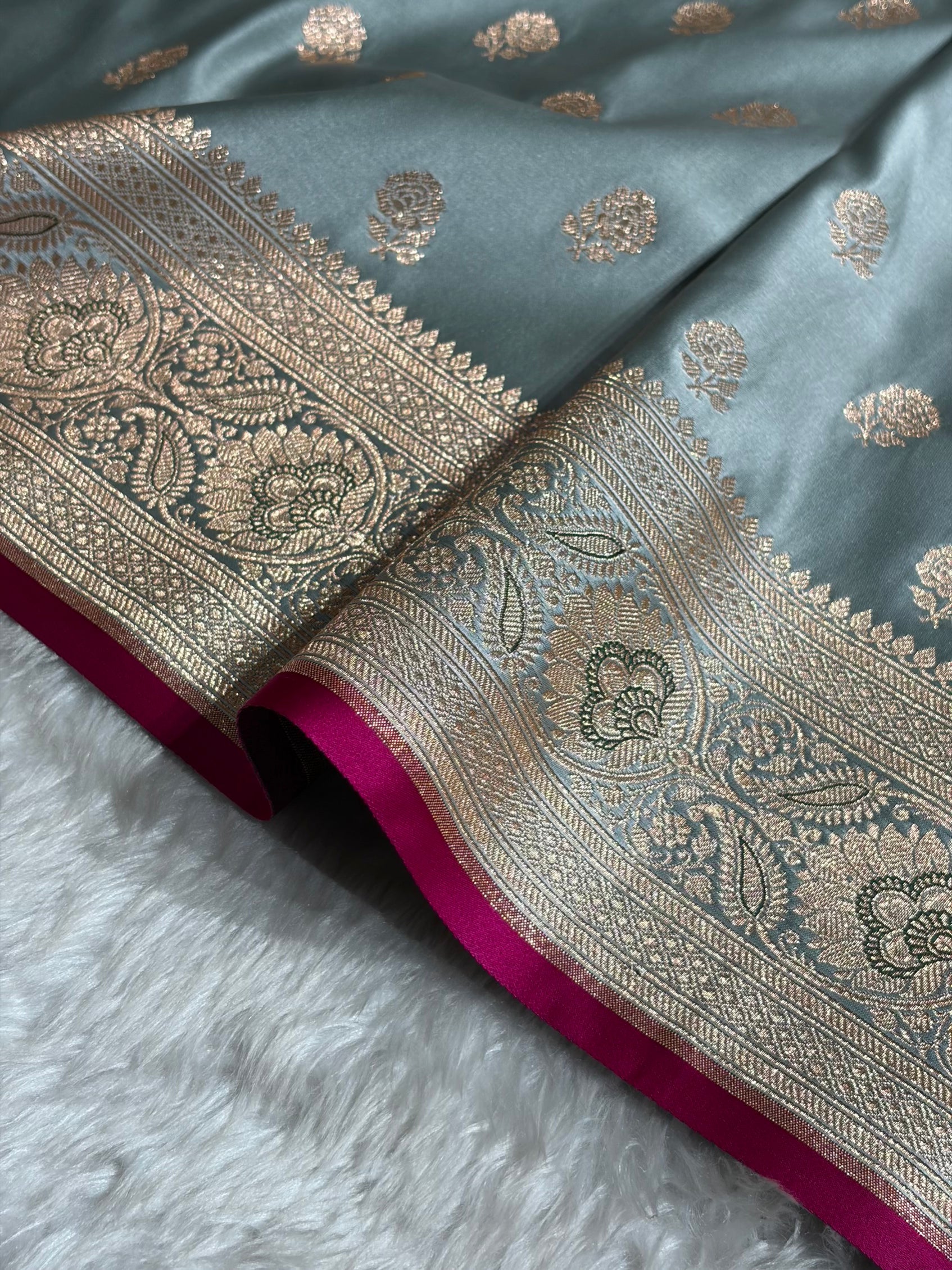 Floral boota Satin katan Silk Saree In Turquoise Shades SK12