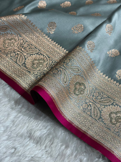 Floral boota Satin katan Silk Saree In Turquoise Shades SK12