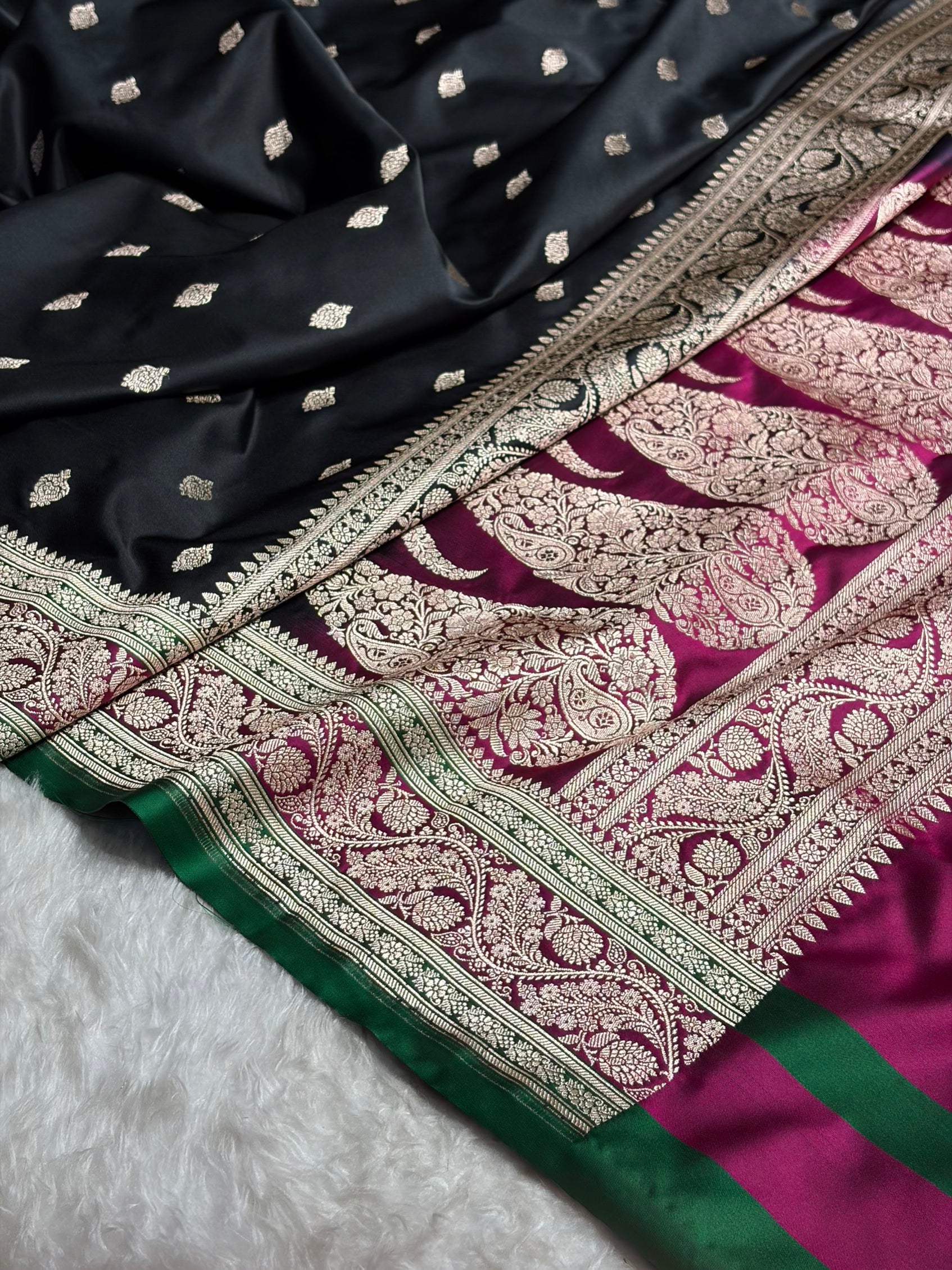 Banarasi Black With Contrast Wine Floral Border Mashru Silk Saree MSM-101