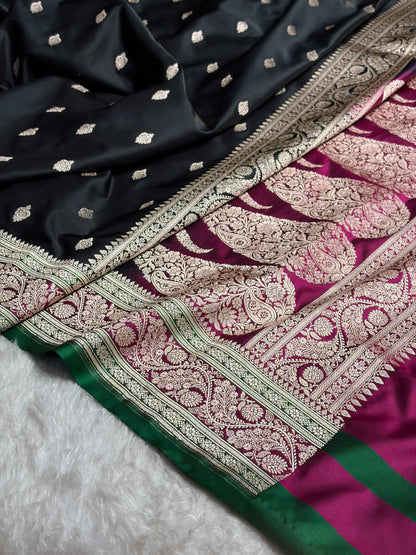 Banarasi Black With Contrast Wine Floral Border Mashru Silk Saree MSM-101
