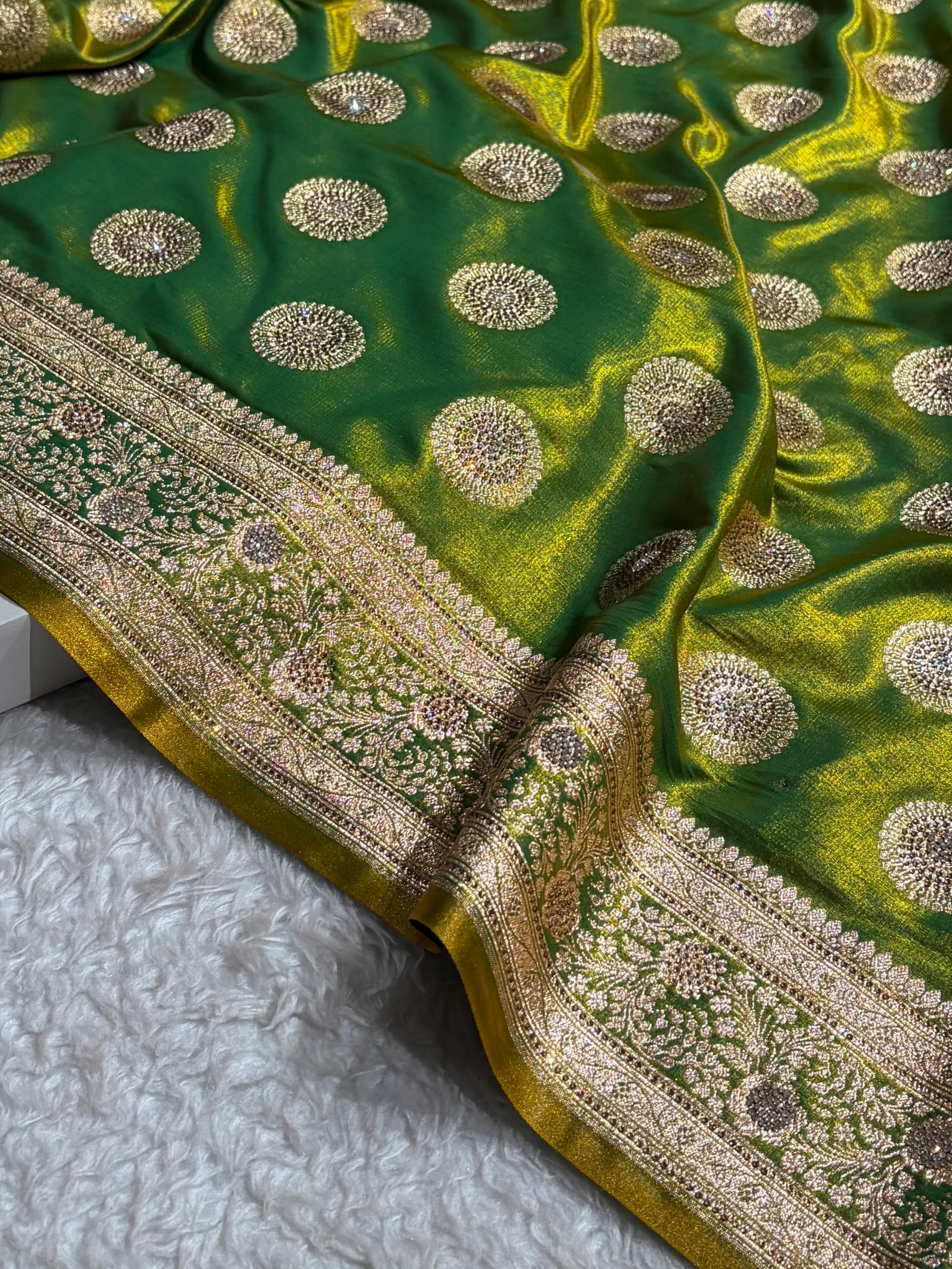 Liril Green Shades Banarasi With Swarovski Stone Work Satin Silk Saree BSS33