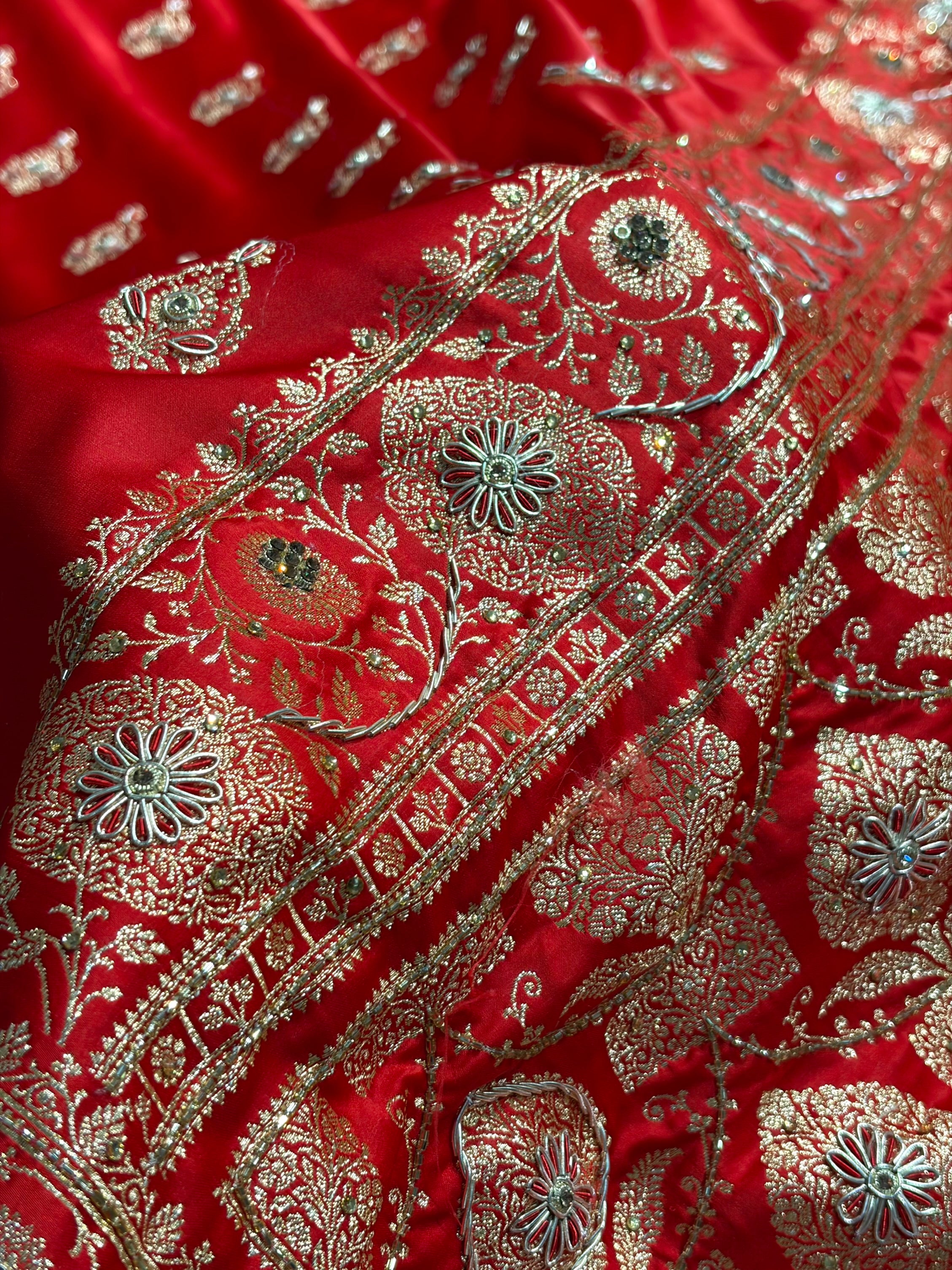 Banarasi Satin Katan Saree With Aari Zardozi Work Boota in Red Shades BSK98