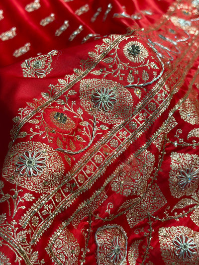 Banarasi Satin Katan Saree With Aari Zardozi Work Boota in Red Shades BSK98