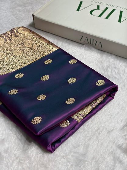 Wine Floral Boota Pattern Satin Katan Silk Saree SK72