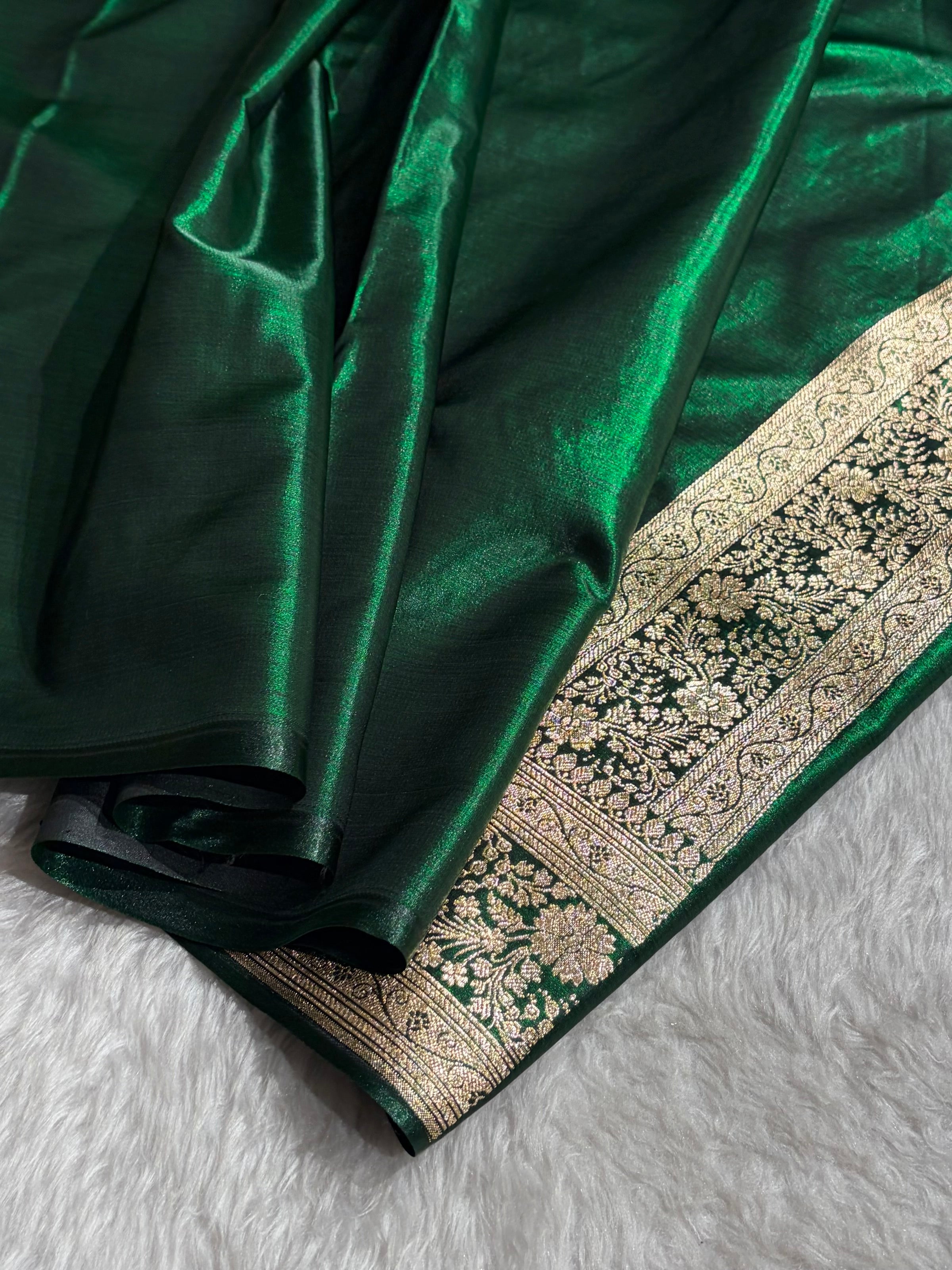 Bottle Green Shades Jaal Pattern Banarasi Satin Silk Saree SS43