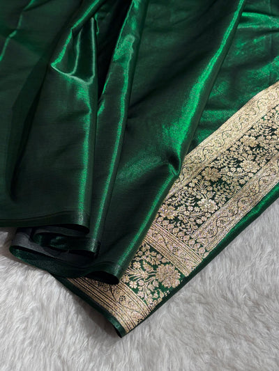 Bottle Green Shades Jaal Pattern Banarasi Satin Silk Saree SS43