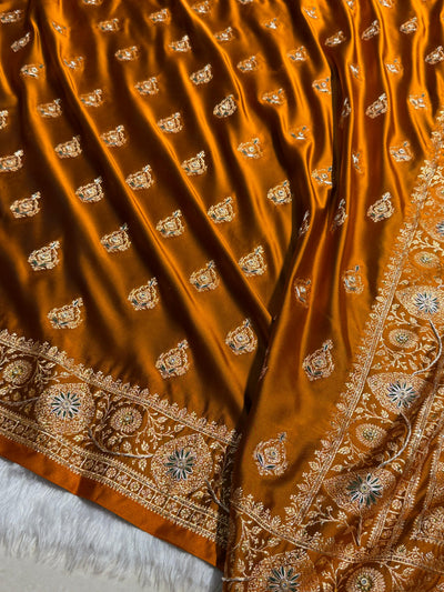 Banarasi Satin Katan Saree With Aari Zardozi Work Boota in Rust Shades BSK98