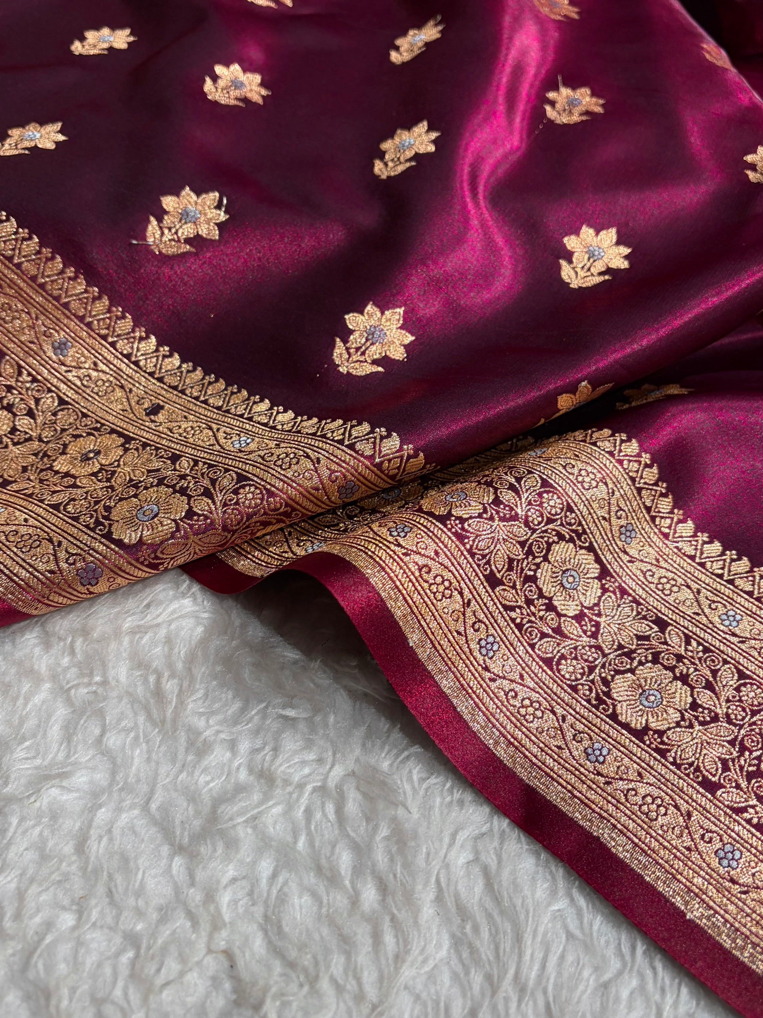 Wine Shades Minakari Boota Pattern Banarasi Satin Silk Saree SS44