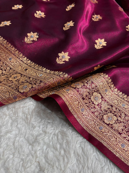 Wine Shades Minakari Boota Pattern Banarasi Satin Silk Saree SS44