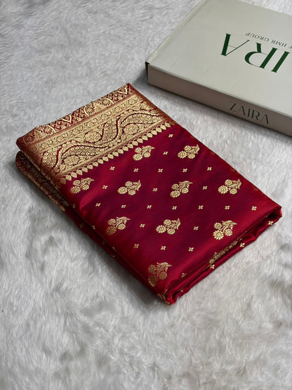 Magentic Red Floral Unique Boota Pattern Satin Katan Silk Saree SK73