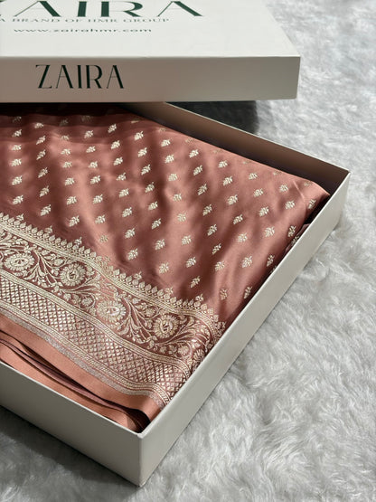 Dusty Peach Shades Banarasi With Floral Border Mashru Silk Saree MSM-127