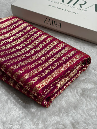 Reddish Magenta Shades Stripe Pattern Banarasi Satin Silk Saree SS46