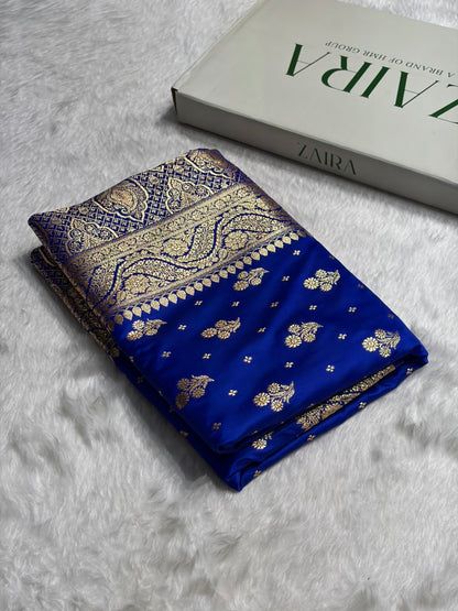 Royal Blue Floral Unique Boota Pattern Satin Katan Silk Saree SK73