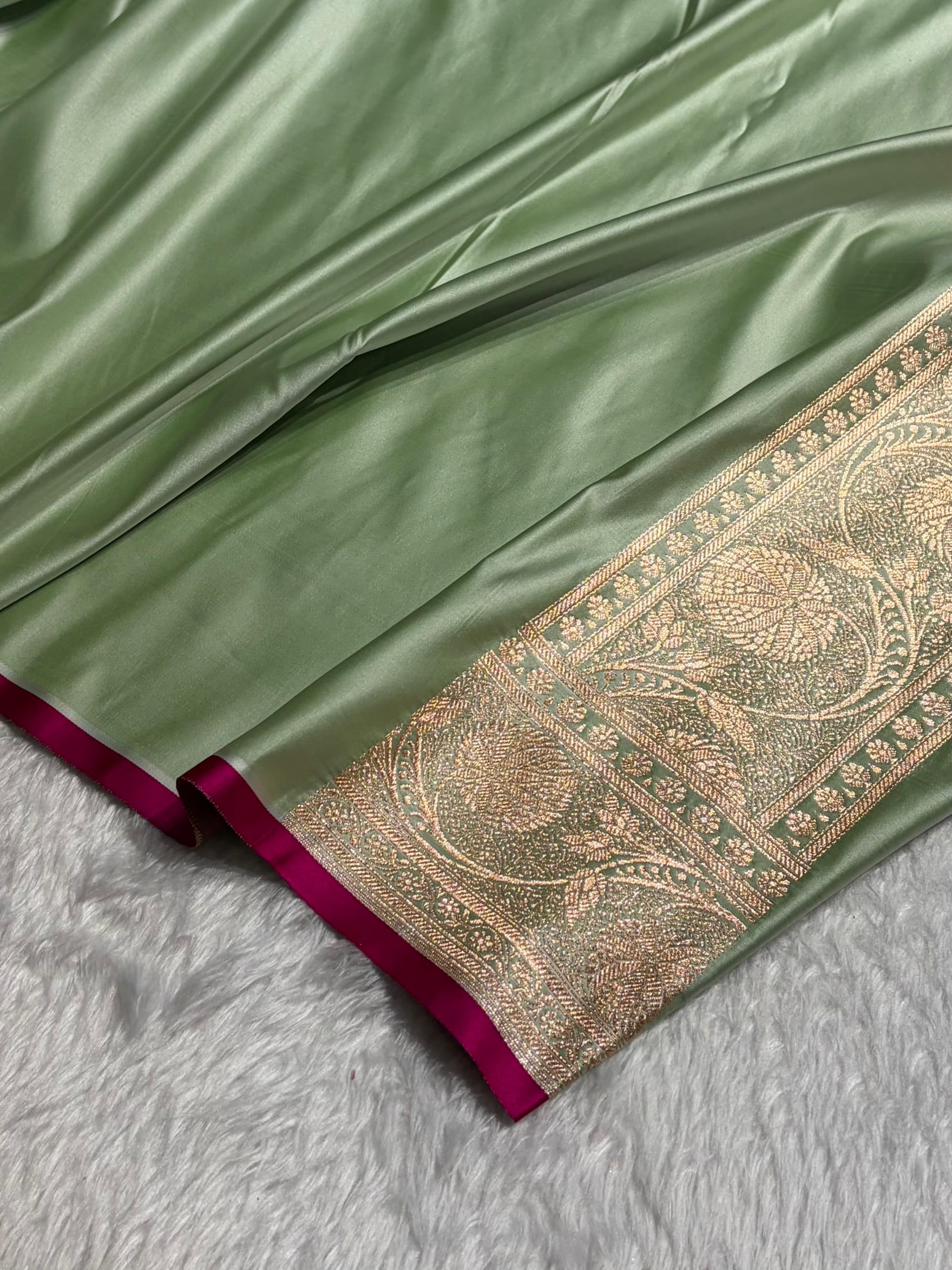Pista Banarasi Jaal Satin Katan Silk Saree SK06