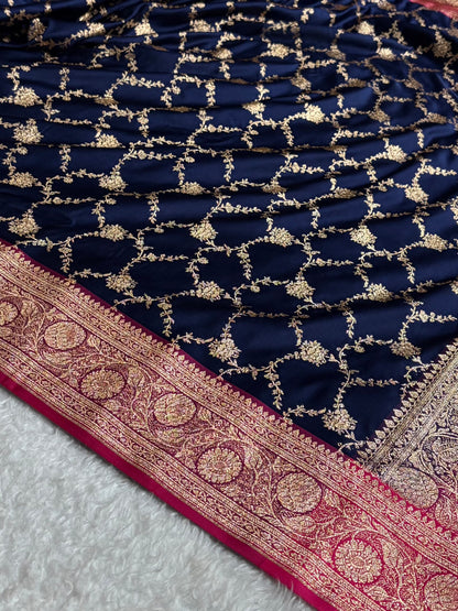 Banarasi Contrast Satin Katan Saree With Jaal Pattern in Navy Blue With Rani Shades SK124