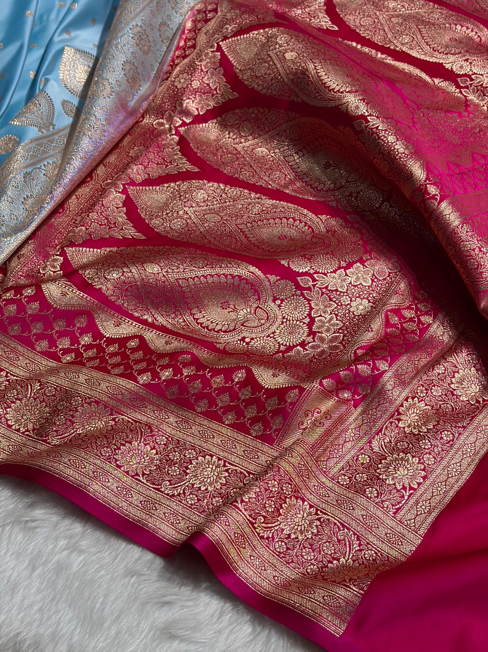 Sky blue with Rani Booti Satin Katan Silk saree SK29