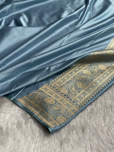 Banarasi Satin Katan Saree With Jaal Pattern in Sky Blue Shades SK121
