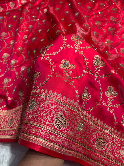 Satin Silk Saree Jaal in Pinkish Red Shades With Swarovski Work BSS23