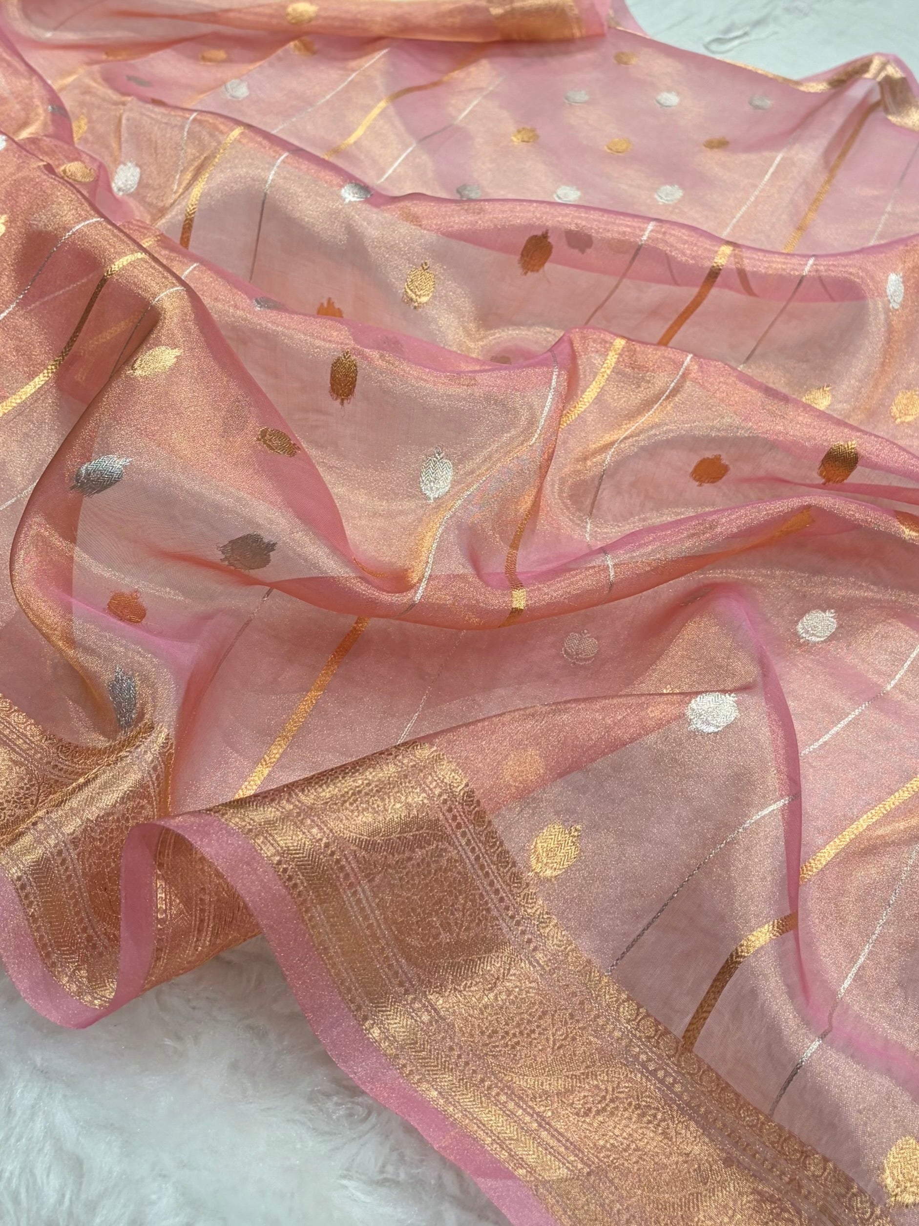 Baby Peach Bananasi Floral Shades Pure Tissue Silk Saree PT-47