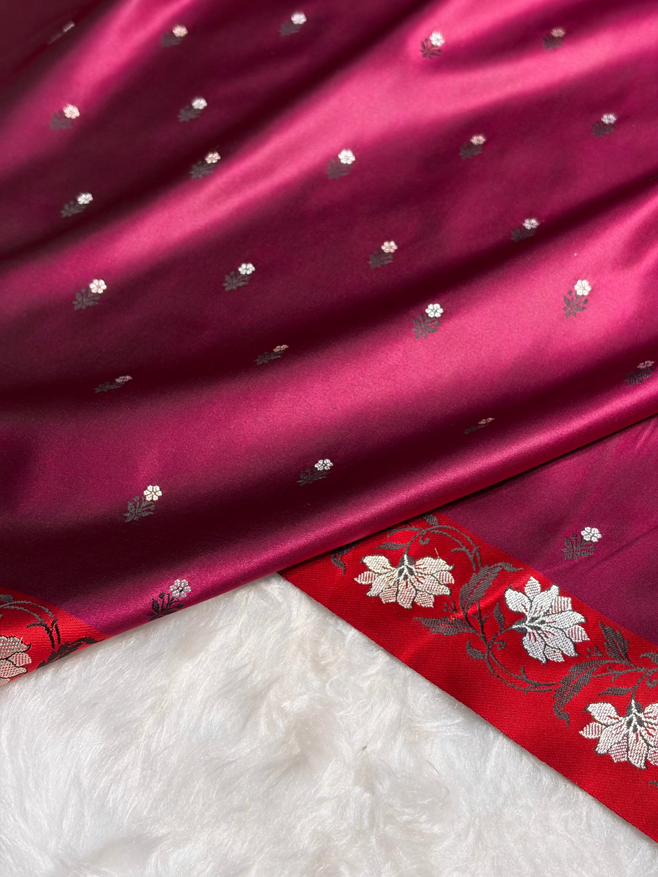 Rose With Red Floral Boota With Floral Border Mashru Silk Saree MSM 78