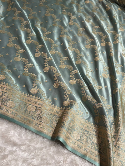 Banarasi Satin Katan Saree With Jaal Pattern in Pastel Grey Shades SK121