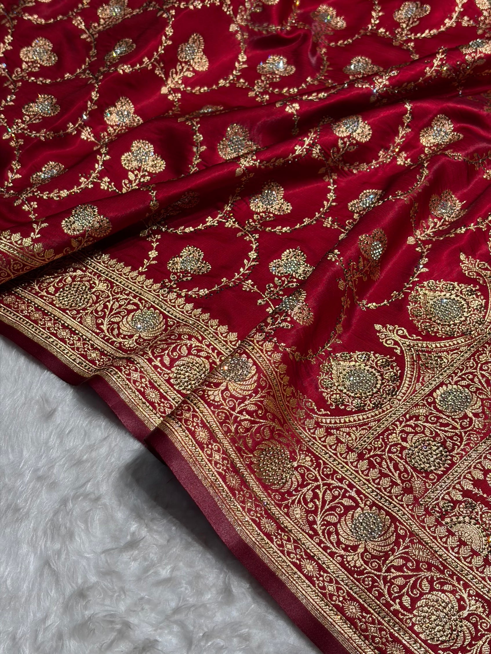 Satin Silk Saree Banarasi Swarovski Work Jaal in Maroon Shades BSS23 (R)