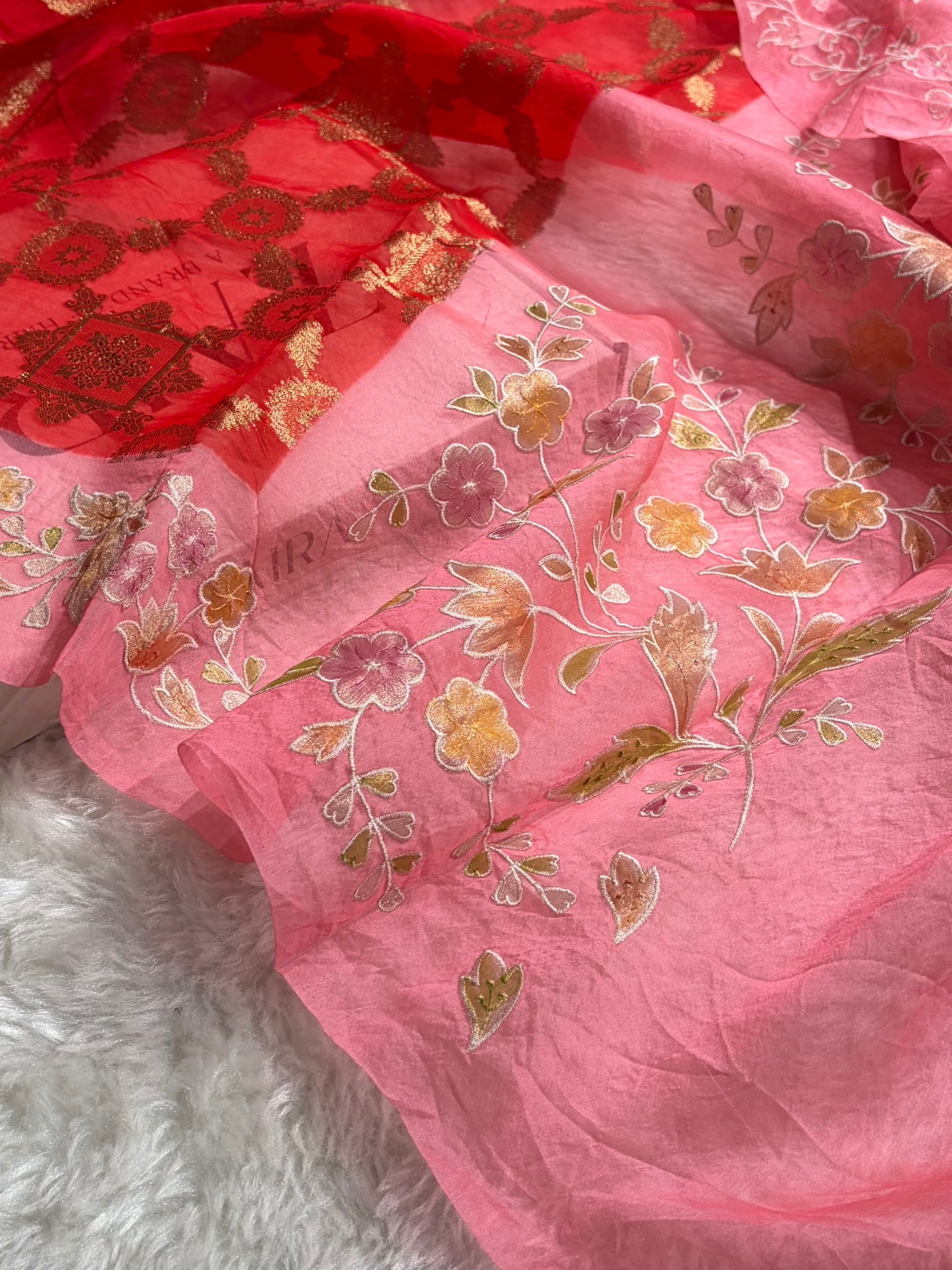 Banarasi Pure Organza Contrast Red With Baby Pink Shades Banarasi Silk Saree PO-38