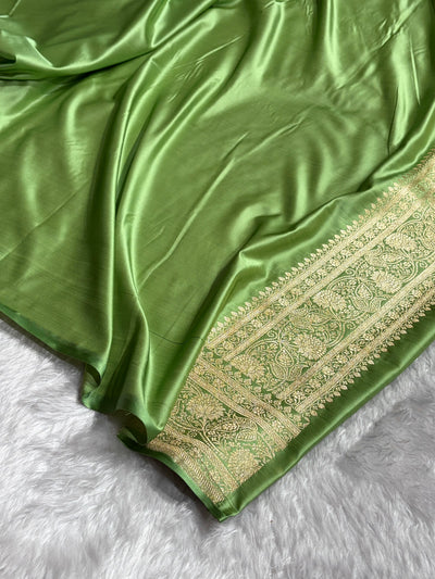 Banarasi Satin Katan Saree With Jaal Pattern in Pista Green Shades SK121