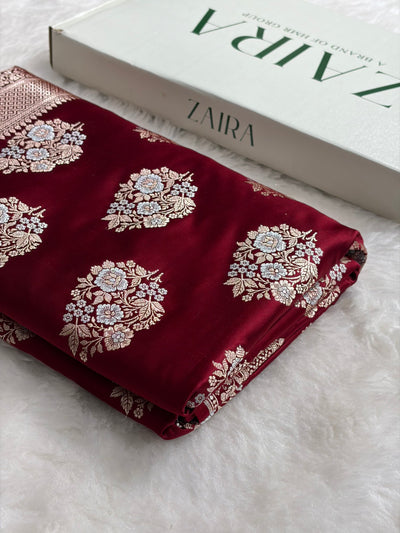 Premium Banarasi Satin Katan Saree With Minakari Boota in Maroon Shades SK93