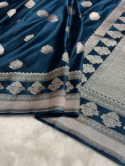 German Blue Boota Motif Mashru Silk Saree MS43