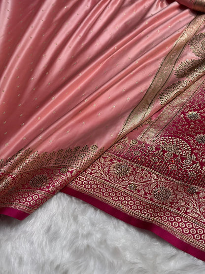 Baby Pink with Wine shades Swarovski Work Booti Satin Katan Silk saree BSK36