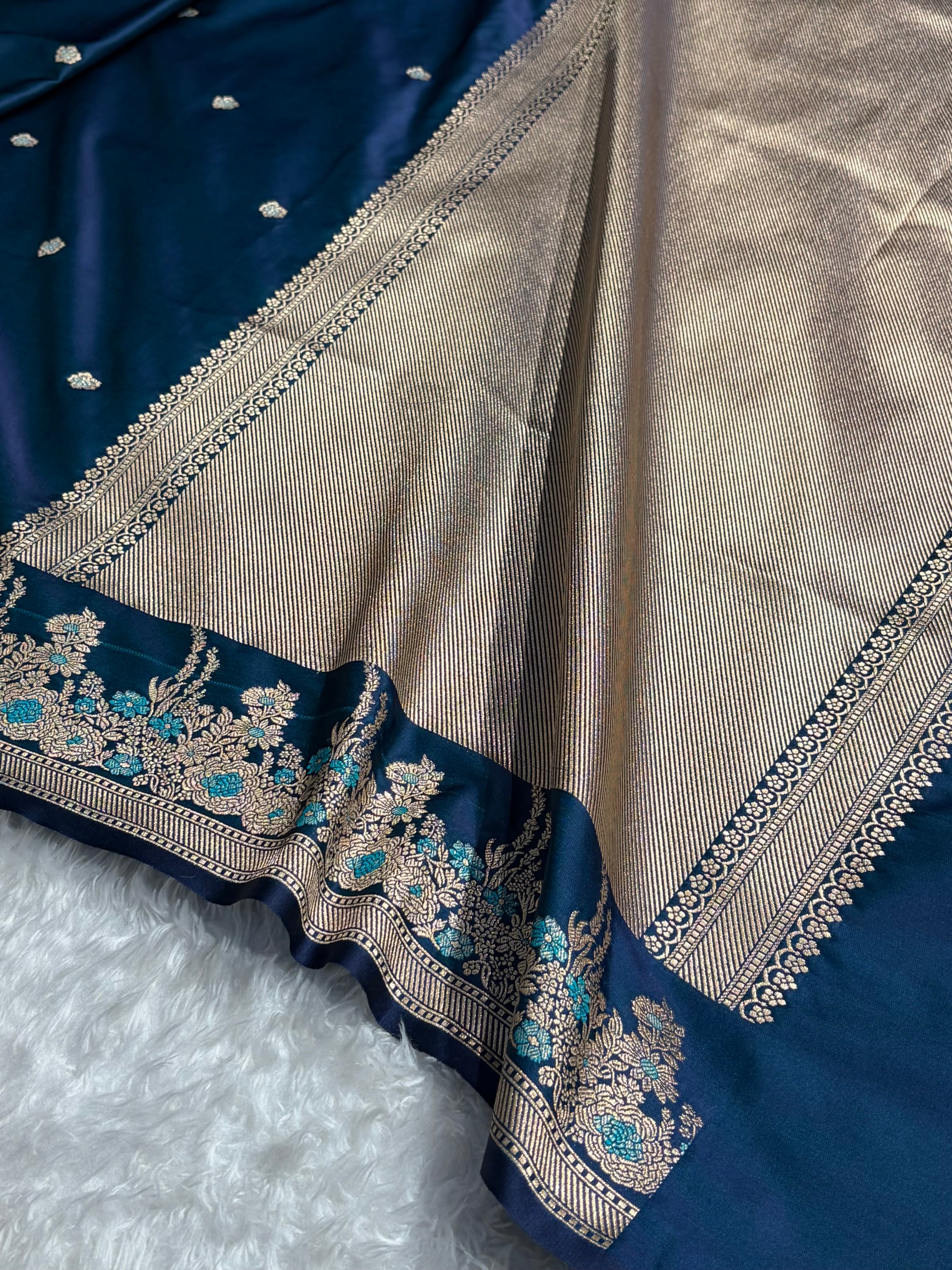 Banarasi Satin Katan Saree Booti Minakari Pattern in German Blue Shades SK136