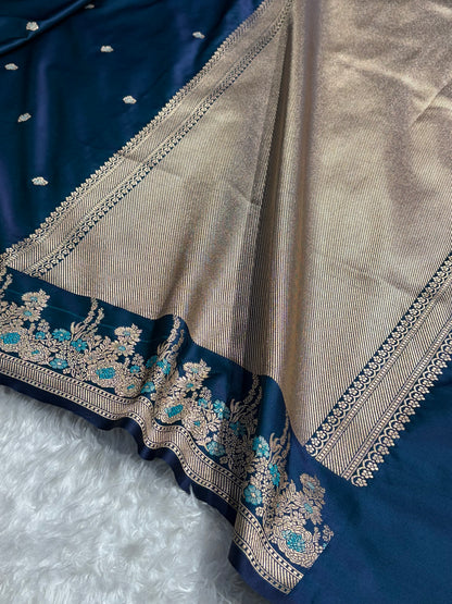 Banarasi Satin Katan Saree Booti Minakari Pattern in German Blue Shades SK136