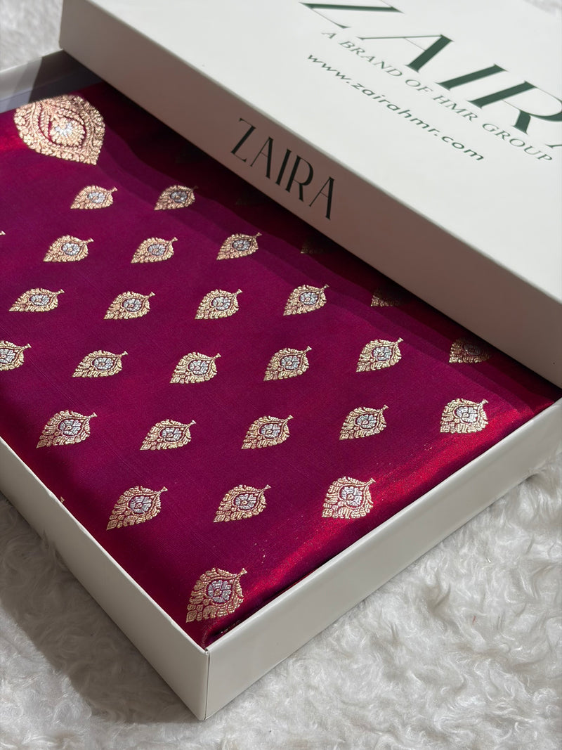 Banarasi Magentic Red Shades Minakari Booti Pattern Banarasi Satin Silk Saree SS60